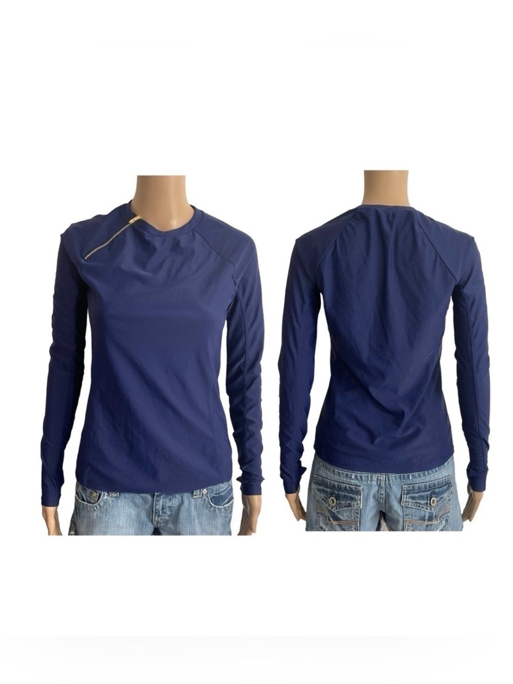 Mott50 UPF50+ long sleeve navy rash guard top size medium gold shoulder zipper